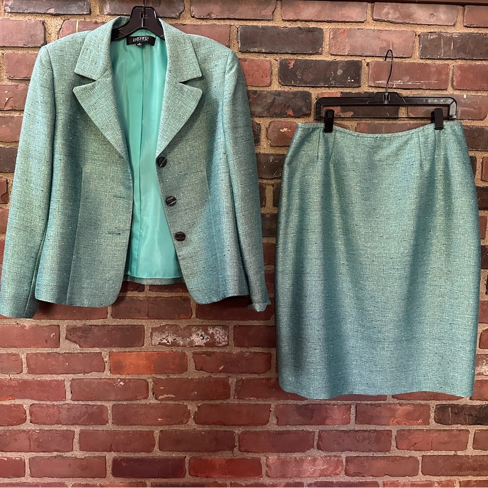 KASPER turquoise blue gold jacket + skirt set suit size 16